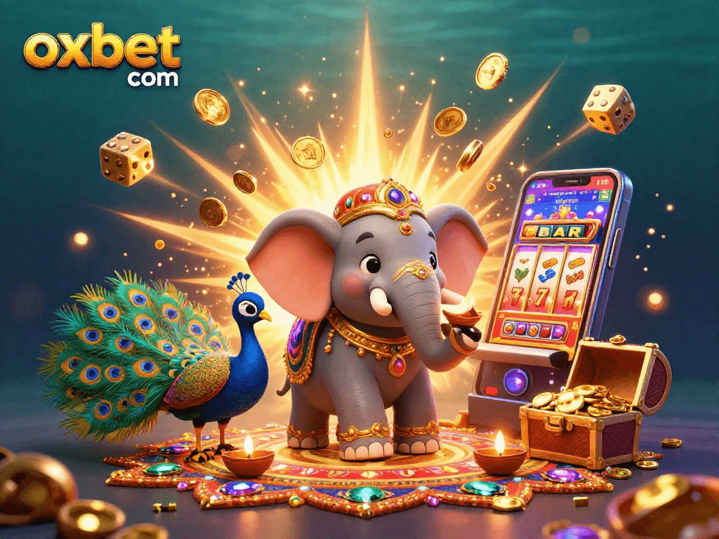 Win big with oxbet com in a vibrant 3D casino scene featuring a golden elephant and slot machine bursting with coins.