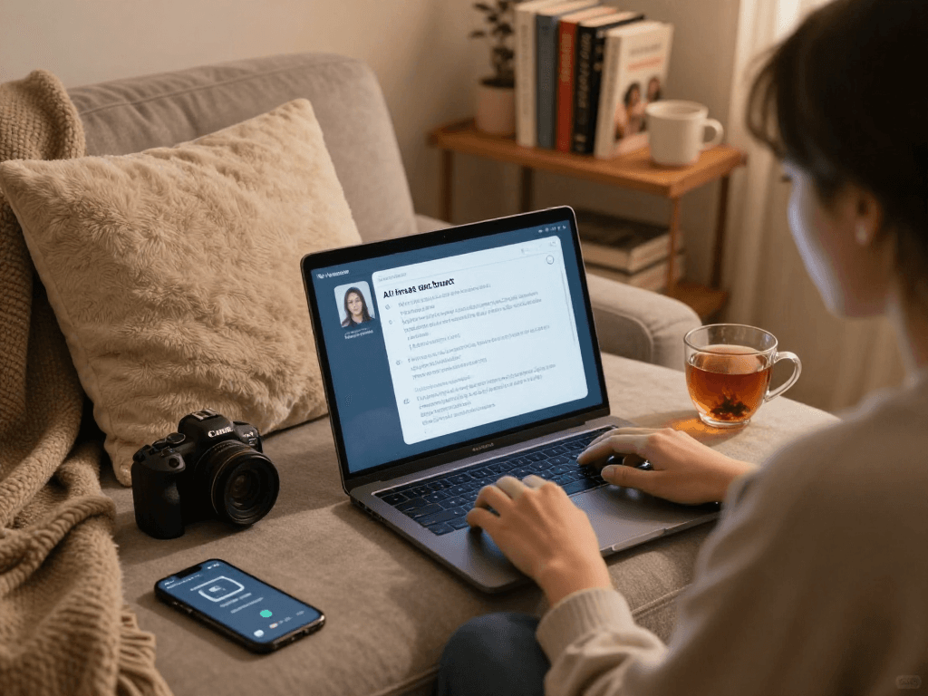 Engaging ai sex chat scene in cozy atmosphere, reflecting personal digital interaction.