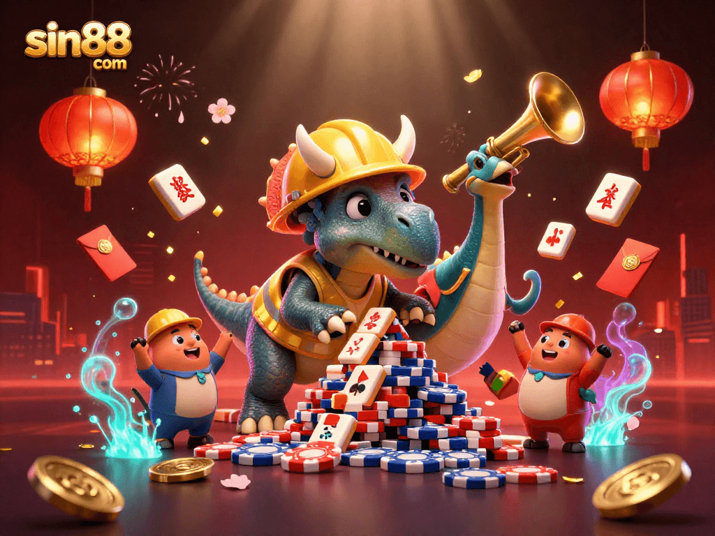 Celebrating sin88 com with vibrant 3D casino-themed characters and dynamic elements