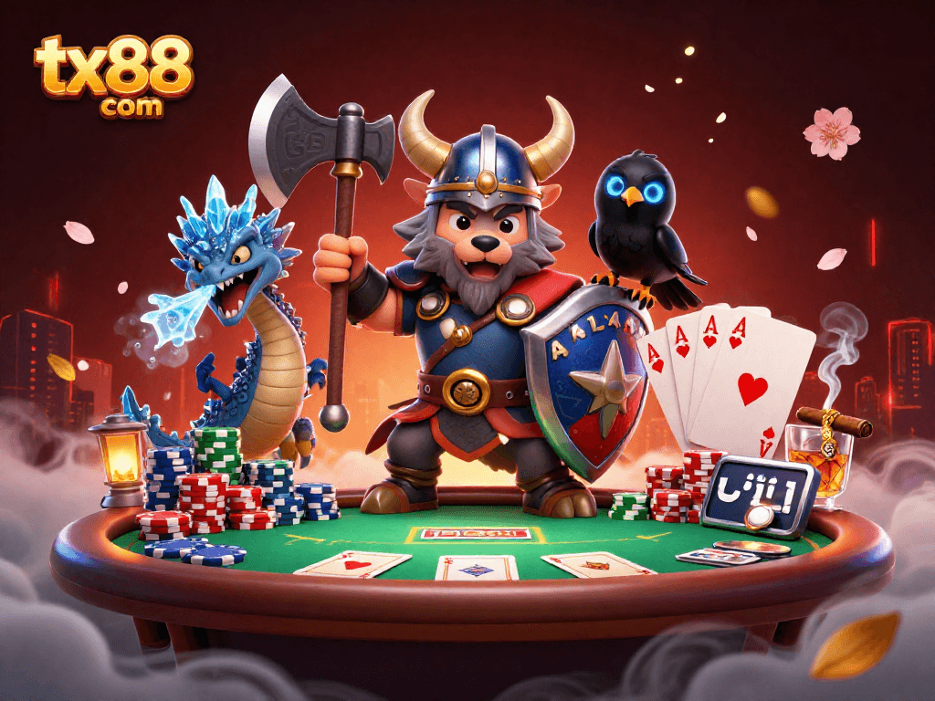 Experience tx88 com's dynamic poker showdown with Viking characters, ice-breathing dragon, and vibrant casino elements.