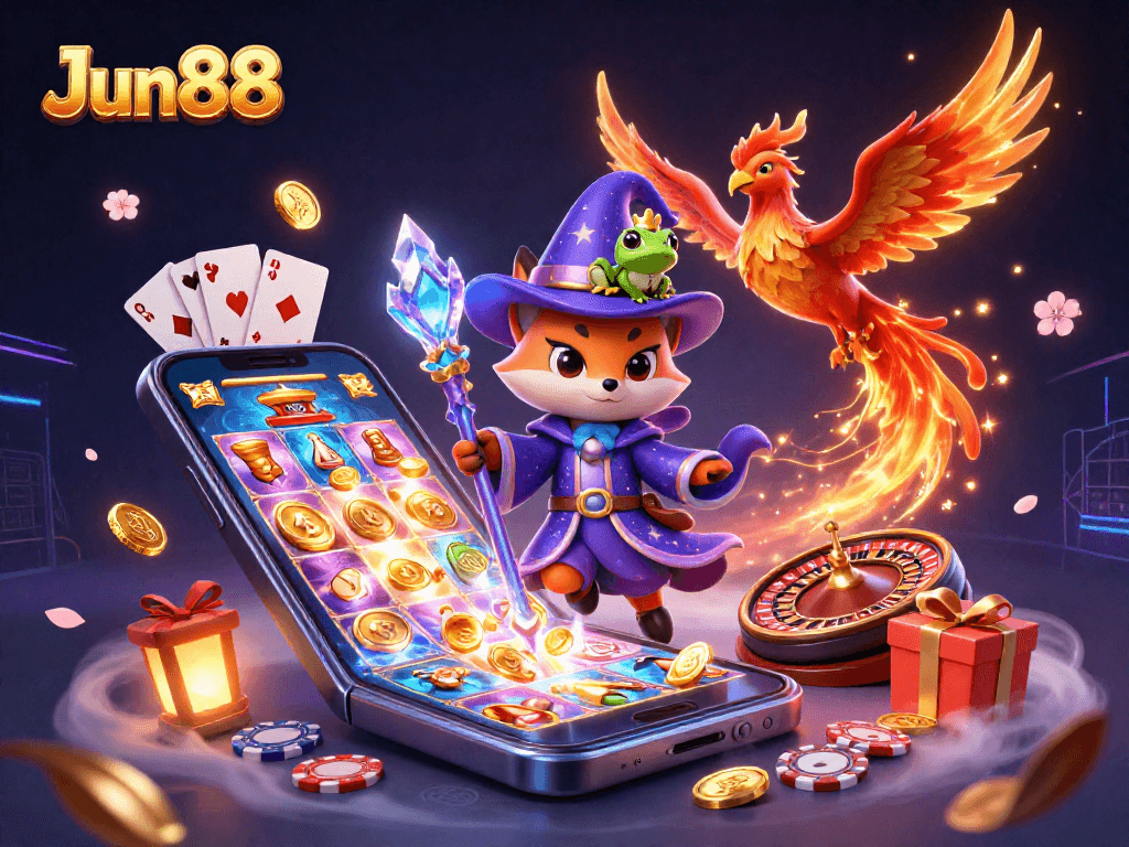 Engage in thrilling gaming adventures at Jun88 with slot games and vibrant character illustrations.