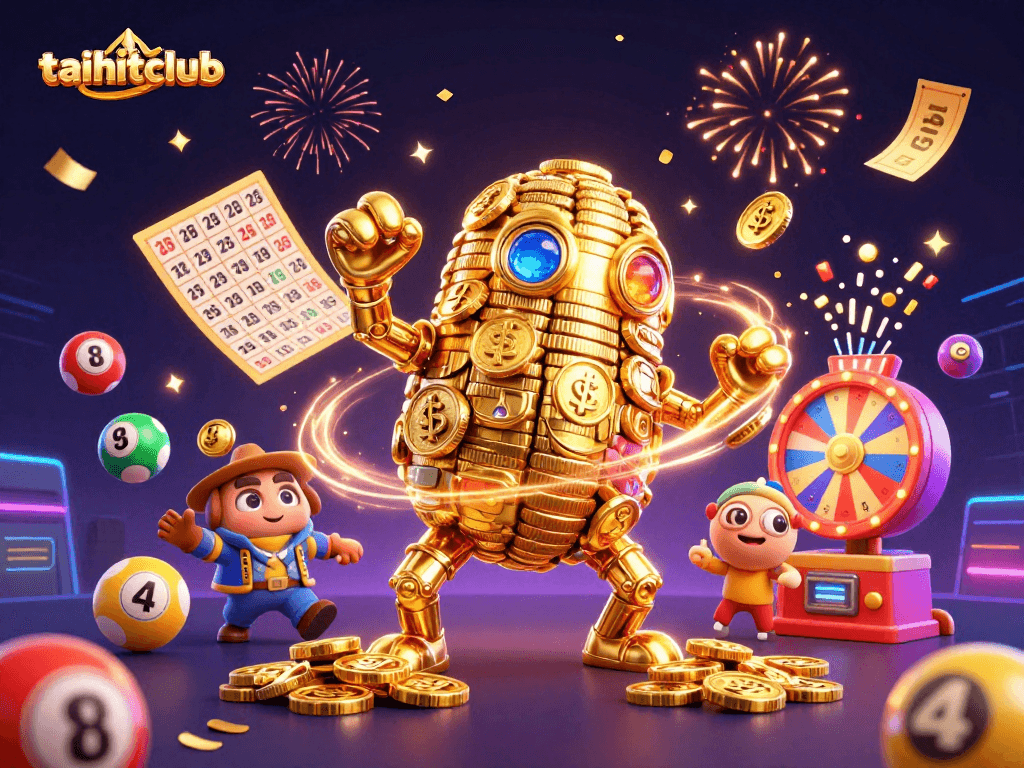 Experience the excitement of taihitclub with the animated golden golem and lively lottery elements.