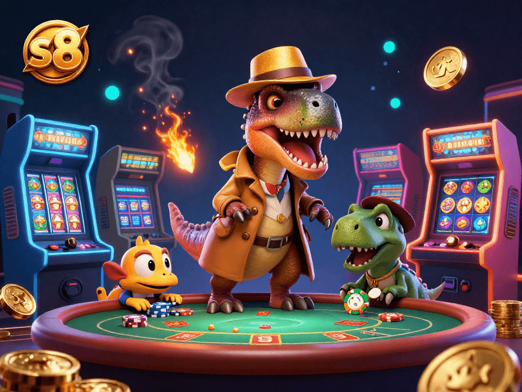 S8 casino vibrant scene showcases a velociraptor card counter sneaking at a blackjack table, enhancing gambling fun.