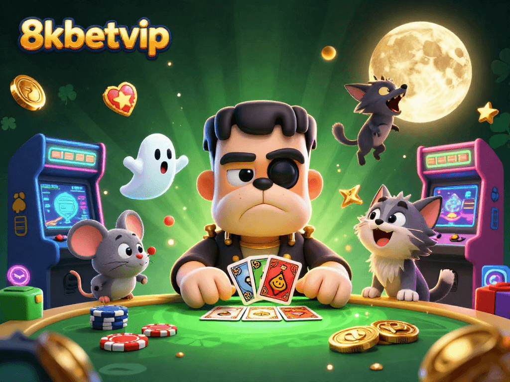 Engaging 8kbetvip illustration of a bulldog monster dealing cards in a haunted casino setting, showcasing playful gaming elements.