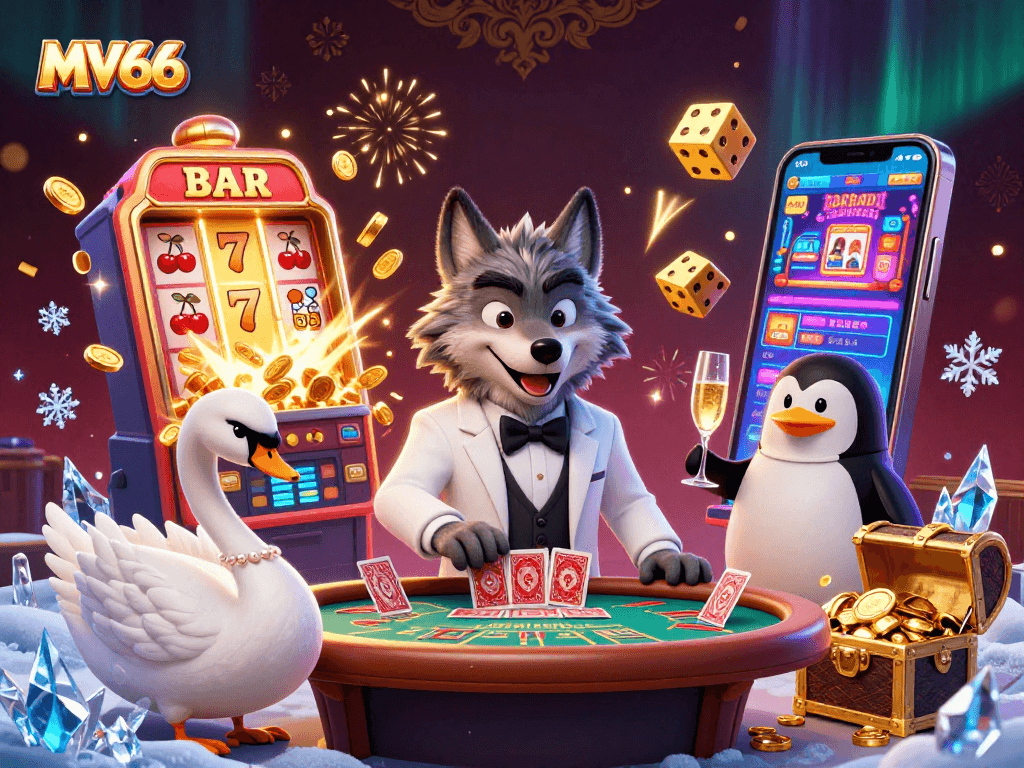 Win at MV66 with a lively casino scene featuring characters and jackpot excitement.