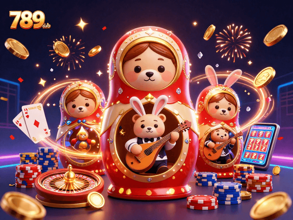 Engage with 789club's vibrant casino experience featuring a colorful 3D illustration with characters and game elements.