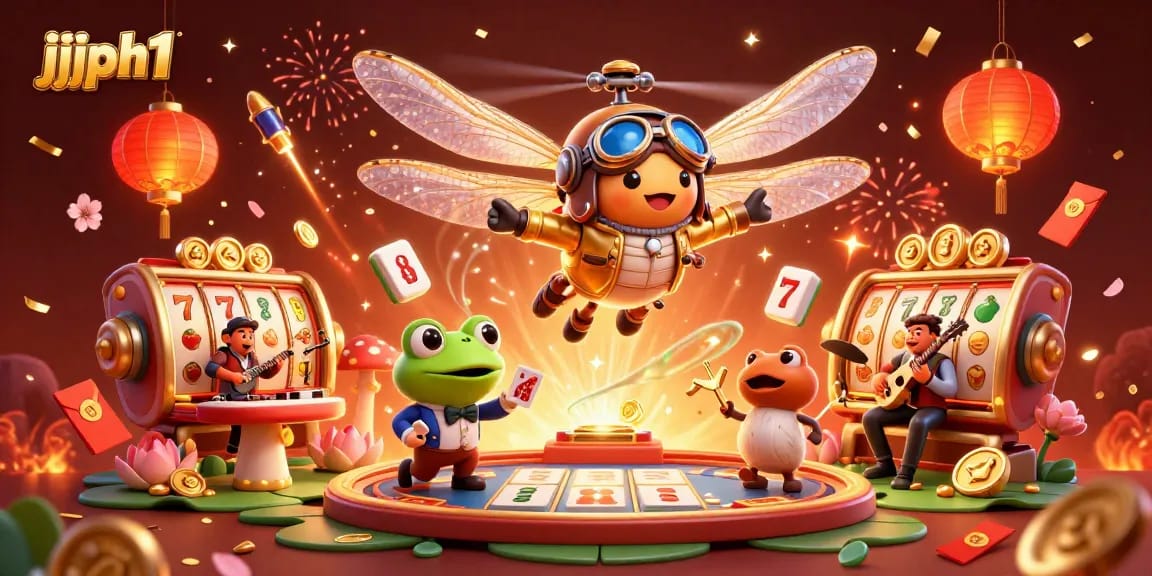 Magandang eksena ng jjjph1 na may croupier na nagbibigay ng mga baraha at dragonfly pilot sa itaas.