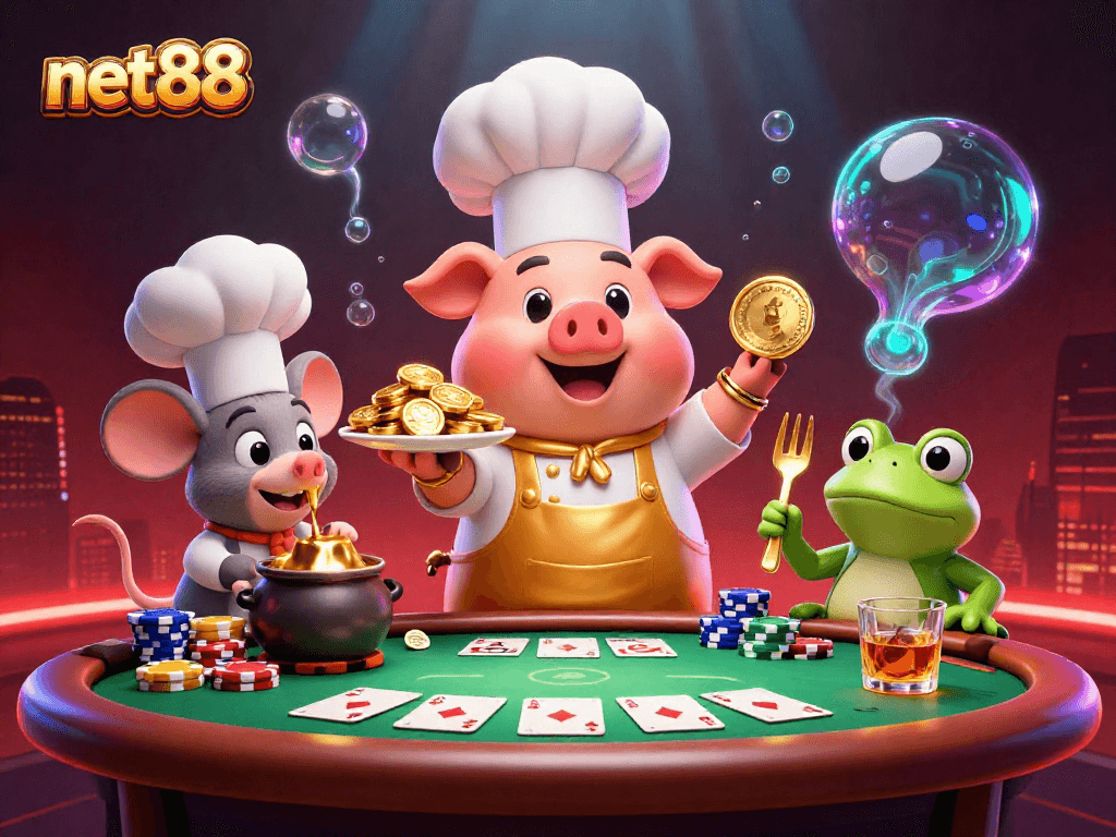 Experience thrilling poker action and gold coins with net88's vibrant casino scene featuring a chef pig and friends.