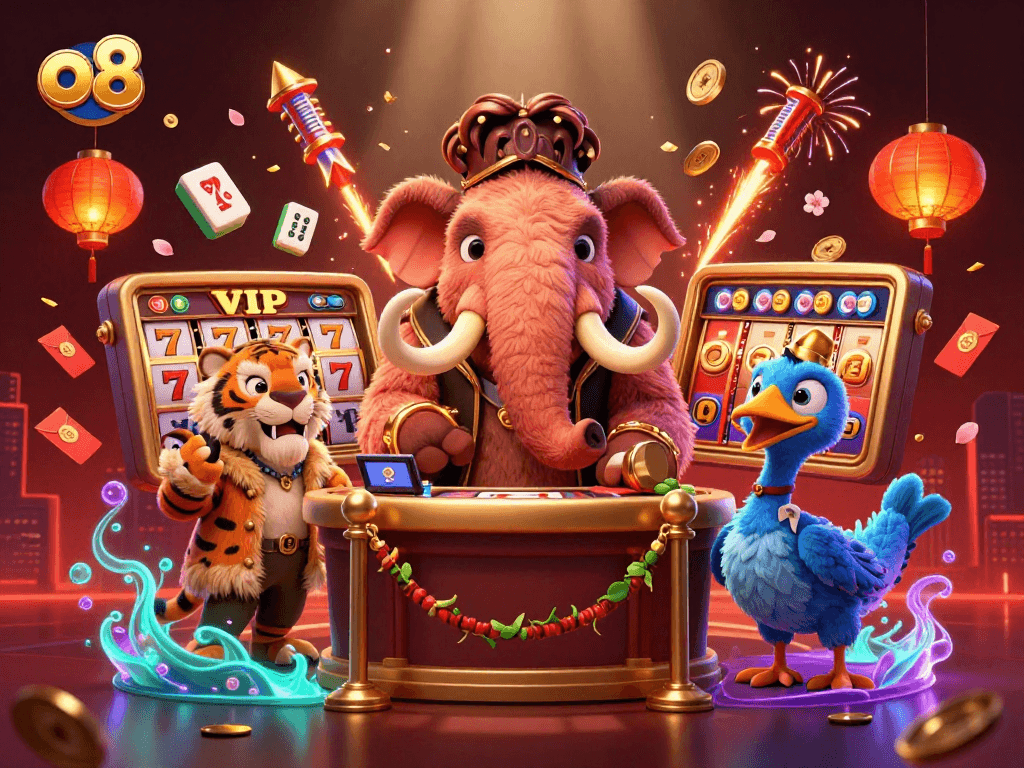 Enjoy thrilling slots at O8 with a vibrant casino scene featuring unique characters and festive elements.
