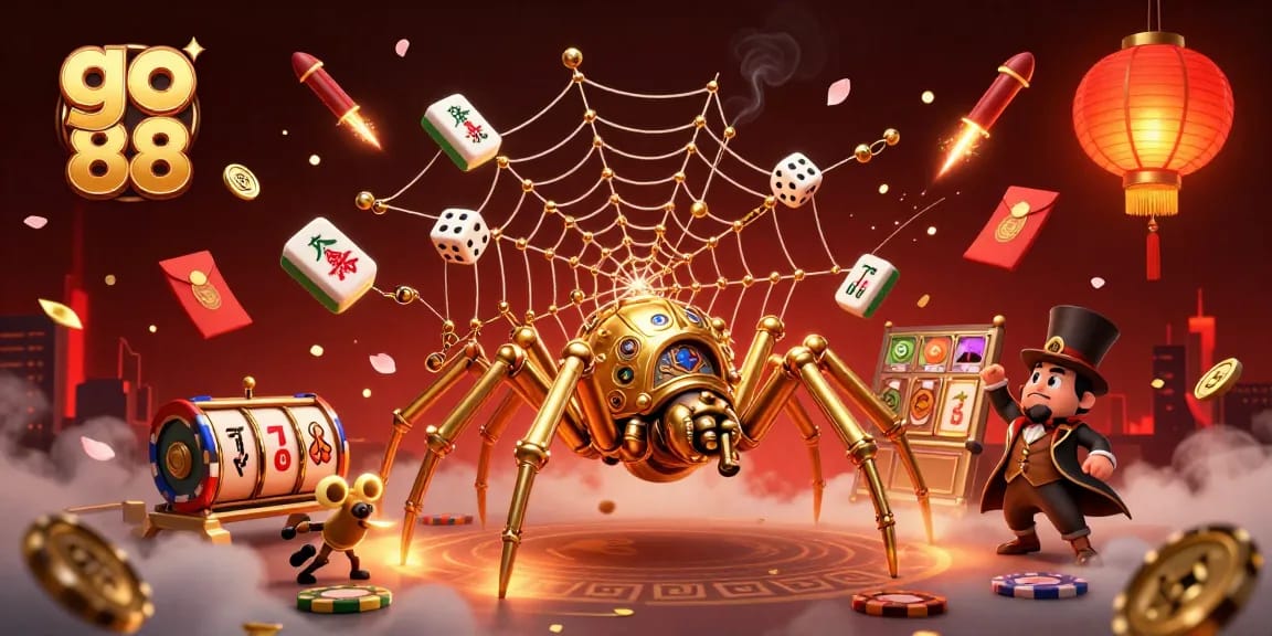 Engage with go 88 as a playful steampunk spider spins a golden web of luck and chance.