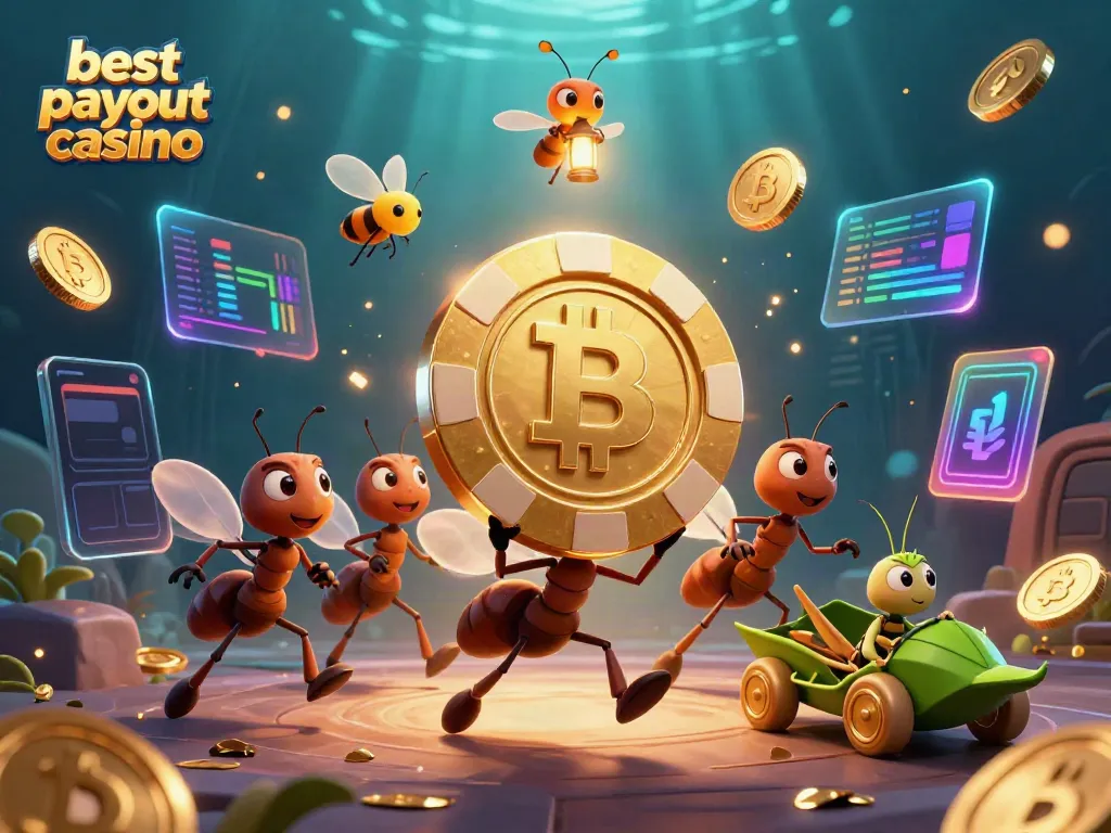 Ants carrying a giant golden poker chip, symbolizing the best payout casino in an engaging heist scene.