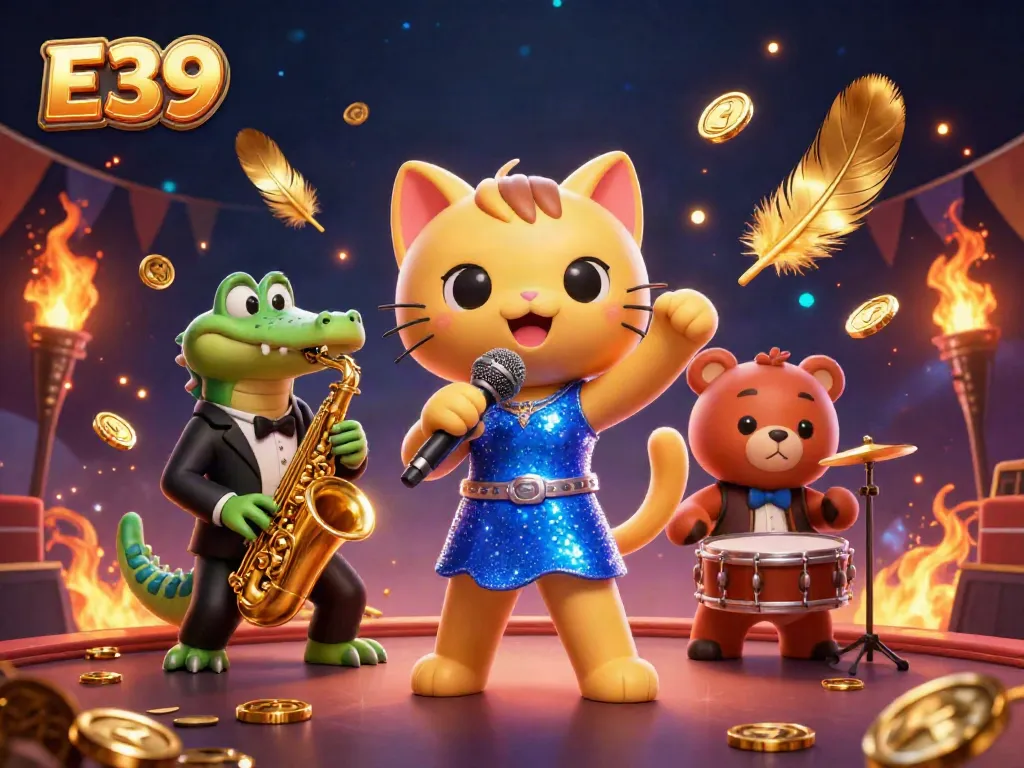 Experience thrilling gaming action with E39, where a jazz-singer cat, saxophonist crocodile, and drum cub animate the casino vibe.