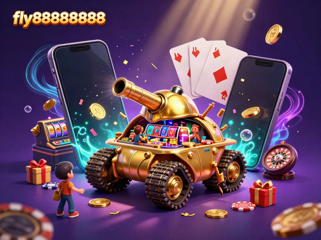 Engage with fly88888888 at an immersive 3D casino scene, featuring a tank casino and dynamic gaming elements.