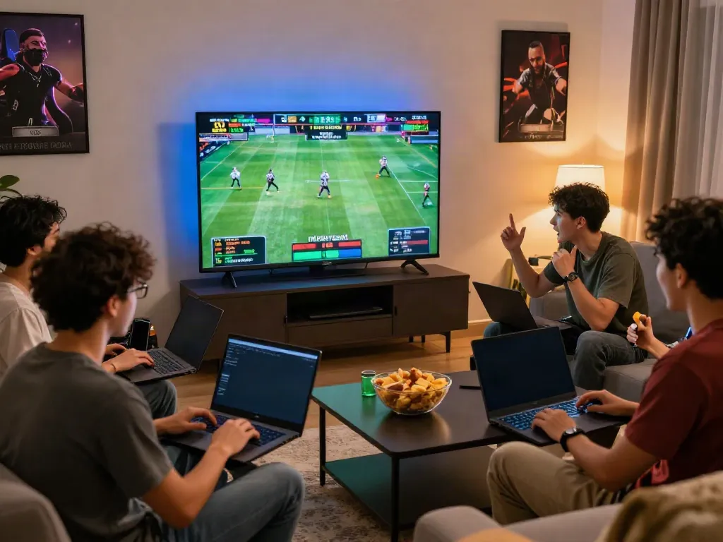 Friends enjoying an online gaming session on https://vin88.team/ with sports betting excitement in a cozy living room.