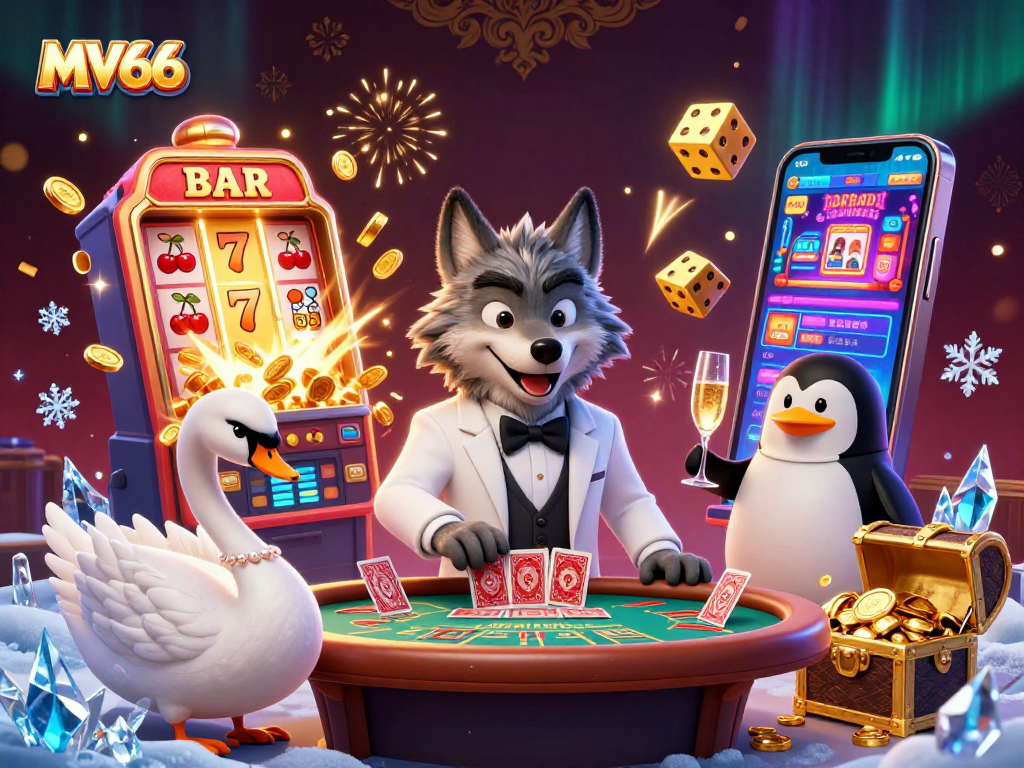 Win at MV66 with a lively casino scene featuring characters and jackpot excitement.