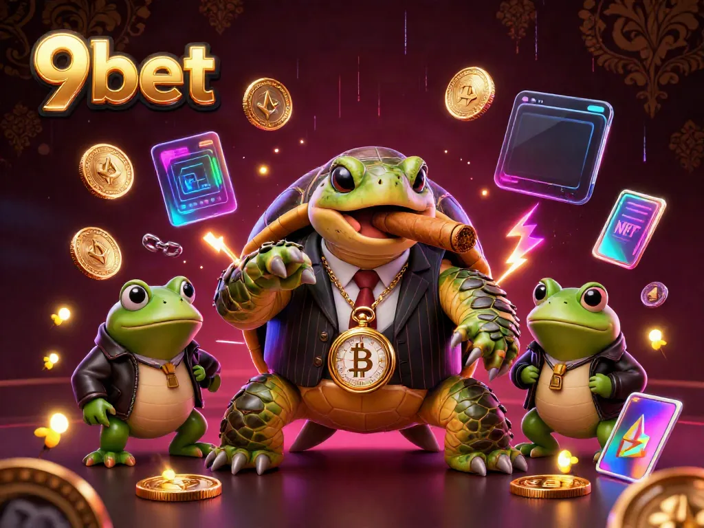 Experience 9bet excitement with a turtle mobster and bullfrog enforcers amidst vibrant casino lights.