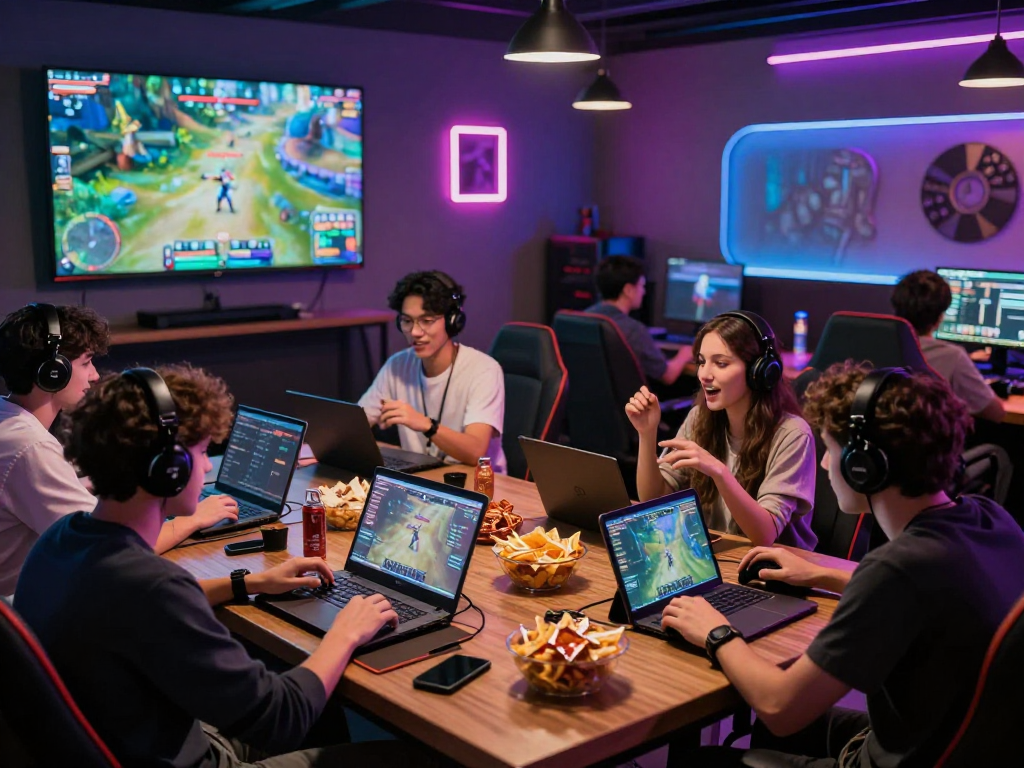 Players enjoying online porn games in a vibrant gaming lounge with snacks and interactive screens.