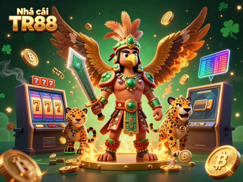 Experience the thrill at Nhà cái TR88 with dynamic casino elements, featuring Aztec warriors amidst glowing cryptocurrency coins.