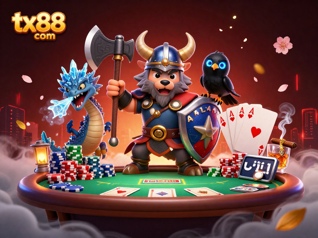 Experience tx88 com's dynamic poker showdown with Viking characters, ice-breathing dragon, and vibrant casino elements.