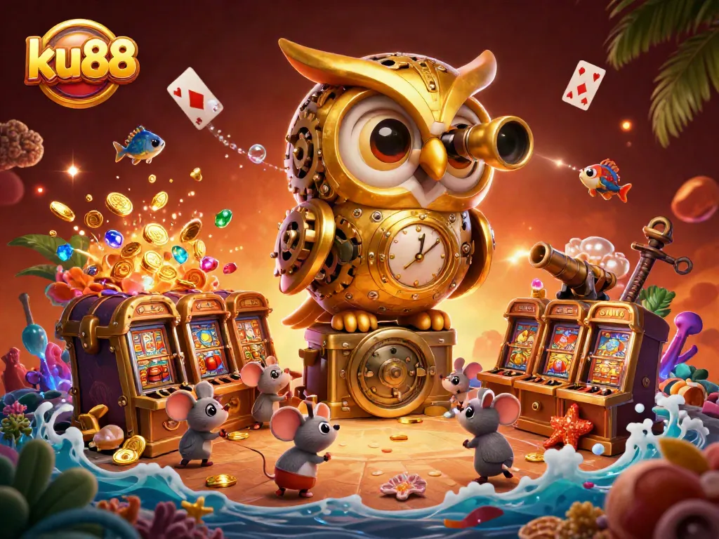 ku88 gaming session with a golden owl and lively slot machines in a vibrant casino