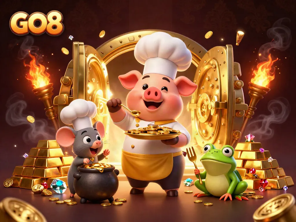 Experience the GO8 adventure with a cartoon pig chef presenting gold coins, set in a dynamic casino scene.