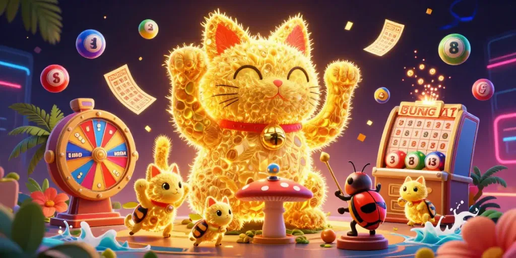 Experience the excitement of tk88 with a lively illustration of a golden lucky cat and vibrant casino elements.