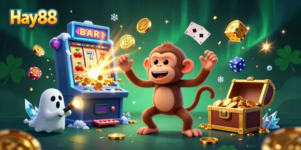 Experience Hay88 with a playful ghost and puppy amidst a vibrant casino jackpot.