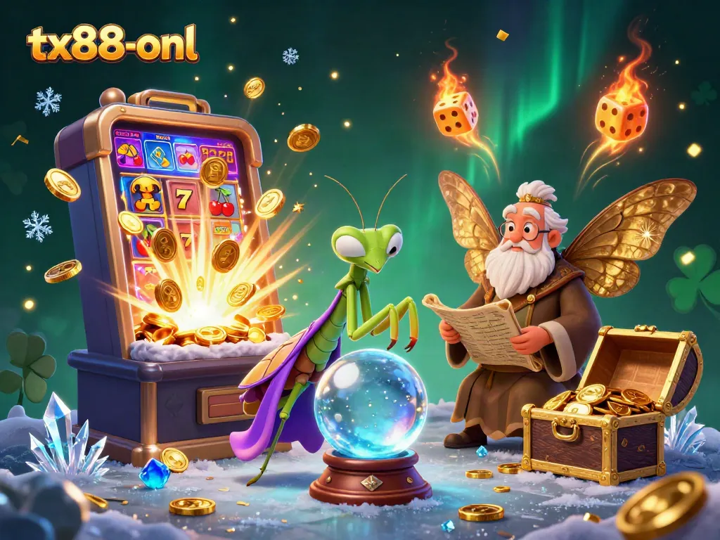 Win jackpots at tx88-onl with a dynamic scene featuring a fortune teller, moth librarian, and immersive casino elements.