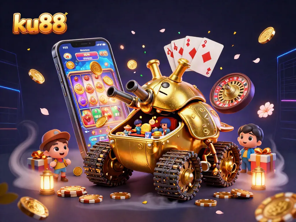 Experience thrilling casino action at ku88 with a colorful 3D casino tank illustration.