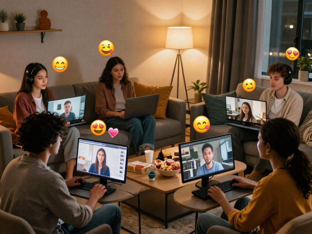 Engaging friends enjoying a sex chat in a cozy digital living room setting.