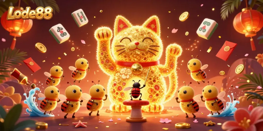 Experience the thrill of Lode88 with vibrant scenes of a lucky cat and casino symbols in a rich, dynamic illustration.
