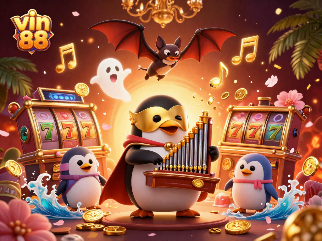 Experience vin 88 excitement with our lively 3D casino scene featuring vibrant characters and symbols.