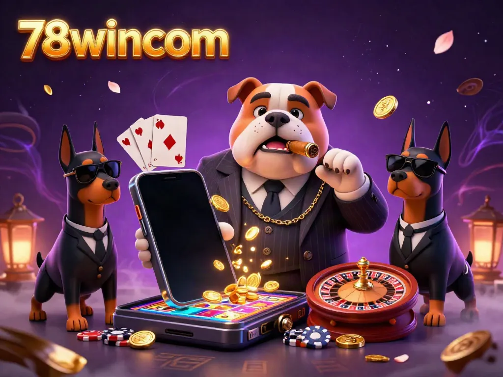 Engage in thrilling gaming with 78wincom, featuring an action-packed casino scene of cartoon characters and slot games.