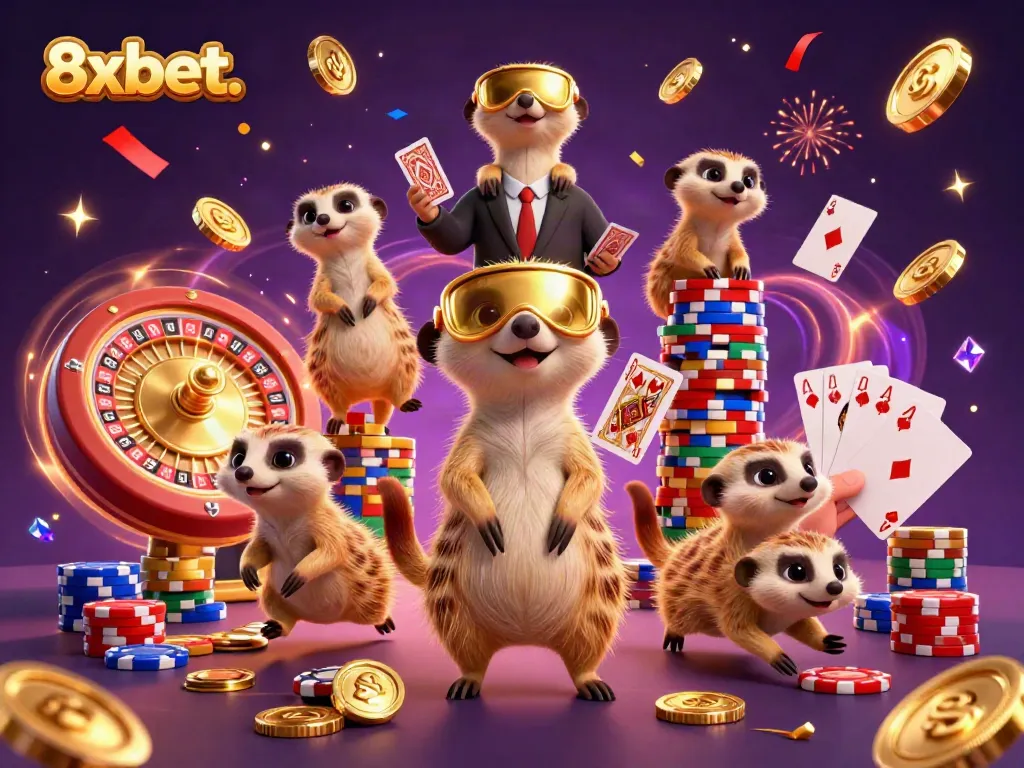 Experience the excitement of 8xbet. with a lively casino illustration featuring meerkats engaged in gaming fun.