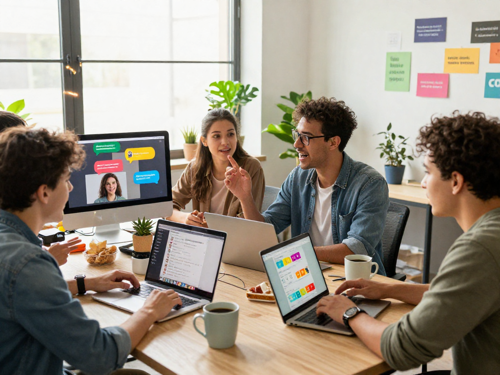 Engaging juicy chat scene with diverse individuals collaborating in a vibrant digital workspace.
