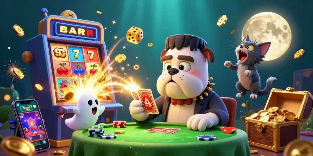 Experience thrilling gameplay at 33win with a cartoon bulldog dealer and underwater casino elements.