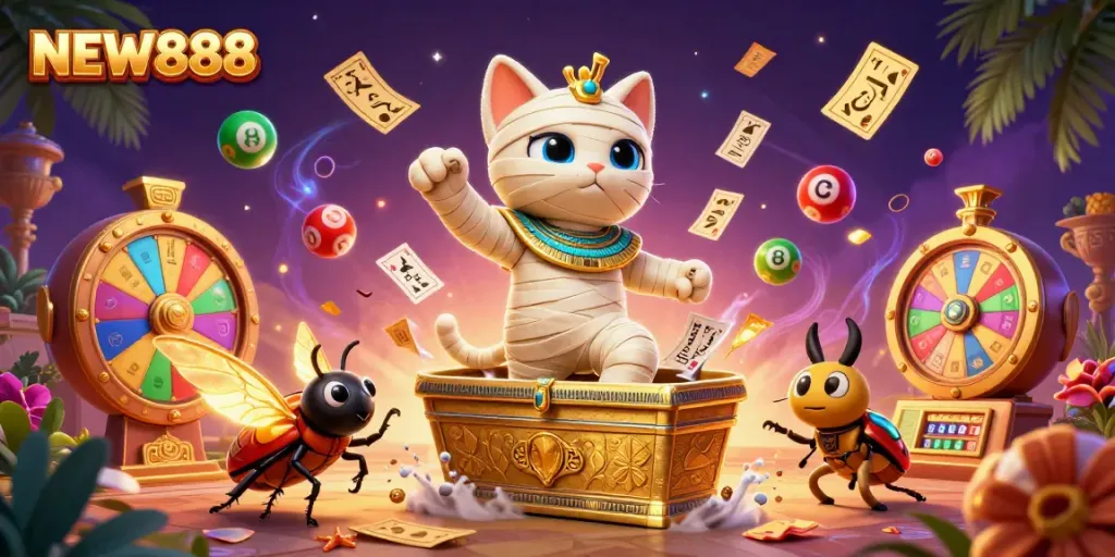NEW888 summons players with an exciting 3D casino-themed illustration bursting with vibrant game elements.