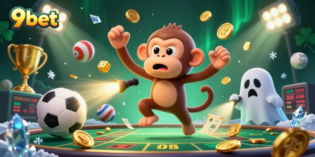 Experience thrilling 9bet gambling action with a playful monkey and ghost-hunter puppy in a dynamic casino scene.