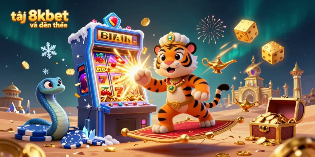 Experience the excitement at 8xbet về điện thoại with a vibrant casino adventure illustrated in 3D.
