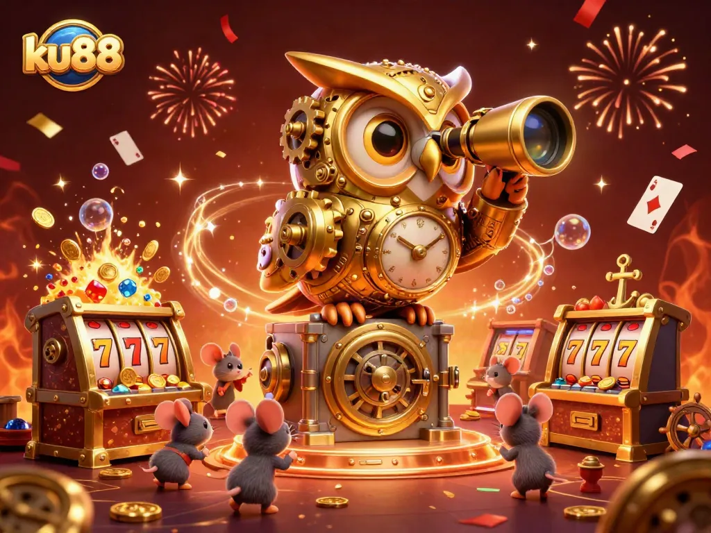 Experience thrilling gaming action at ku88, featuring a majestic golden owl overlooking vibrant slots and games.