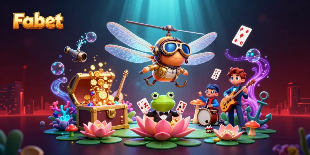 Experience the vibrant Fabet casino world with a dragonfly helicopter pilot, frog croupier, and jazz musicians.