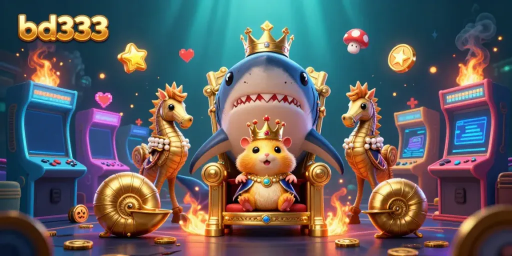 Experience the vibrant bd333 gaming adventure with dynamic characters and dazzling arcade elements in this 3D illustration.