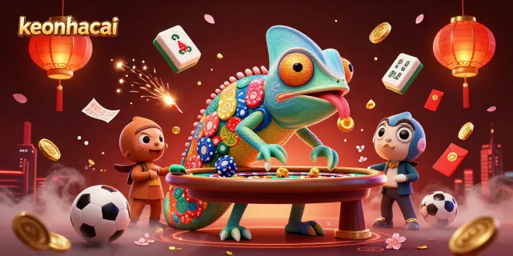 Experience dynamic gaming with keonhacai's vibrant casino scene featuring sports betting elements and a colorful chameleon character.