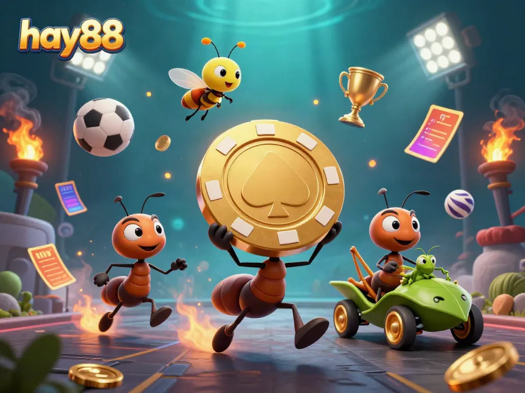Experience the excitement of hay88 with ants and animated casino elements in a dynamic 3D heist scene.