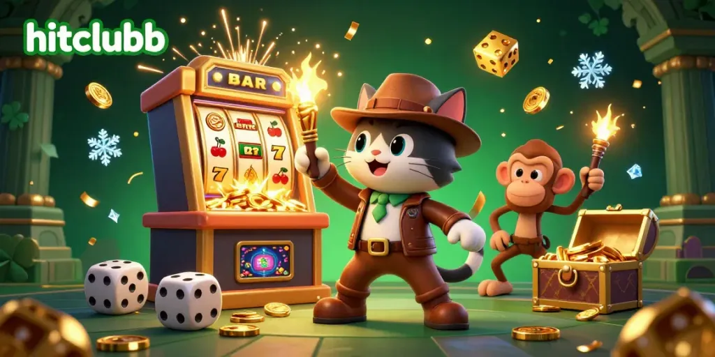 Experience thrilling jackpots at hitclubb with a playful archaeological theme featuring a cat explorer discovering golden casino treasures.
