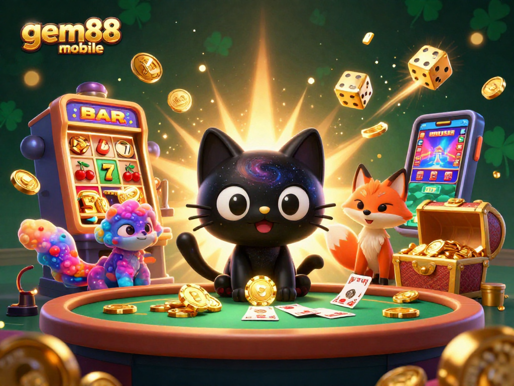 Spin the reels at gem88 mobile with a cosmic casino adventure featuring a whimsical black hole cat.