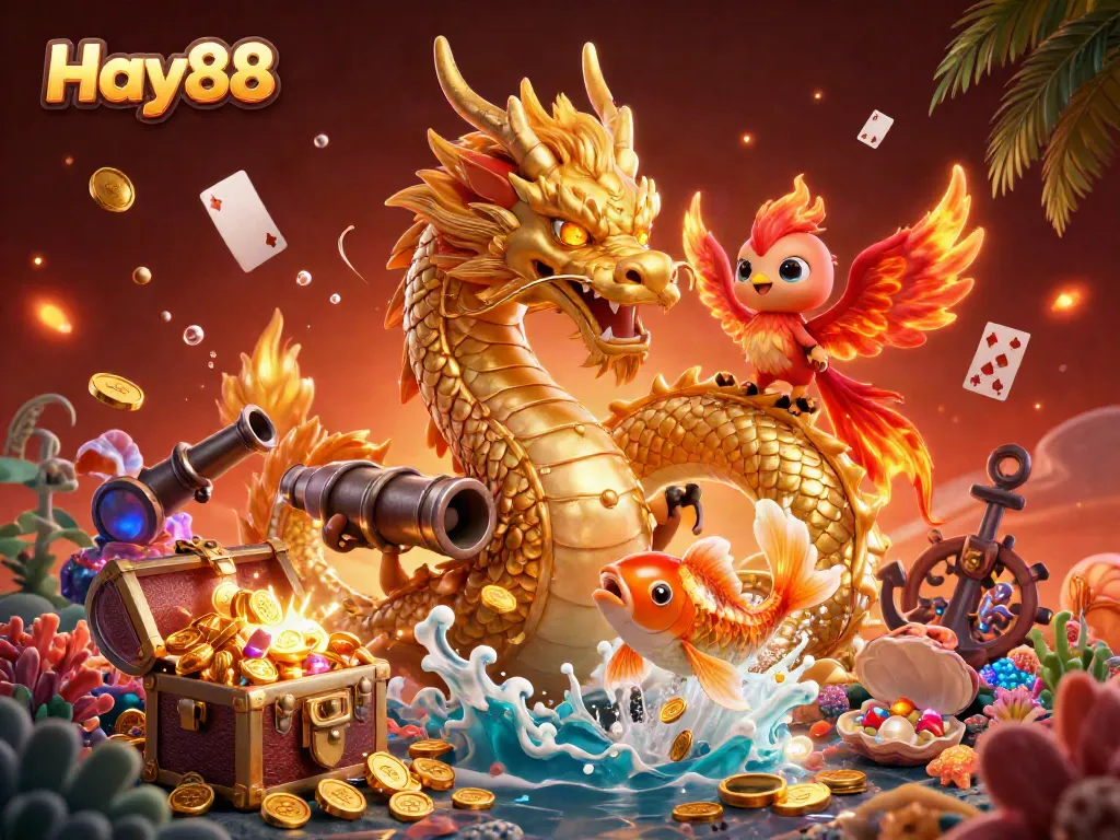 Engage with Hay88 as a lucky koi fish leaps through coins amidst vibrant casino elements.