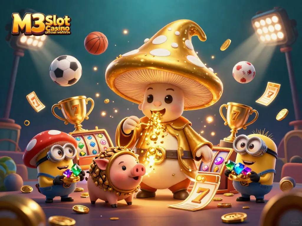 M3 Slot Casino official website presents a colorful 3D illustration with a golden mushroom wizard, truffle pig, and vibrant slot elements.