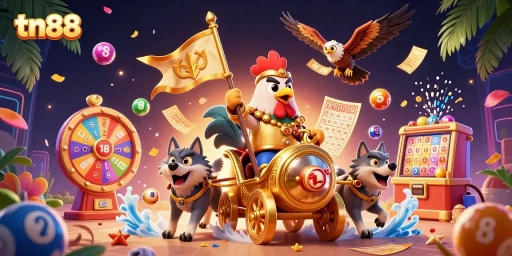Experience thrilling wins with tn88 as a rooster warlord leads a dynamic casino scene filled with prizes.