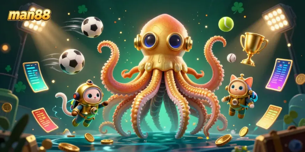 Experience thrilling gameplay with man88's colossal kraken and diving cat amidst sports betting excitement.